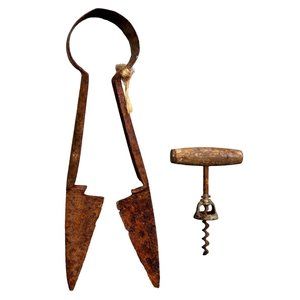 Vintage Antique Sheep Shears Corkscrew Wine Bottle Opener Wood Metal Rusty Decor